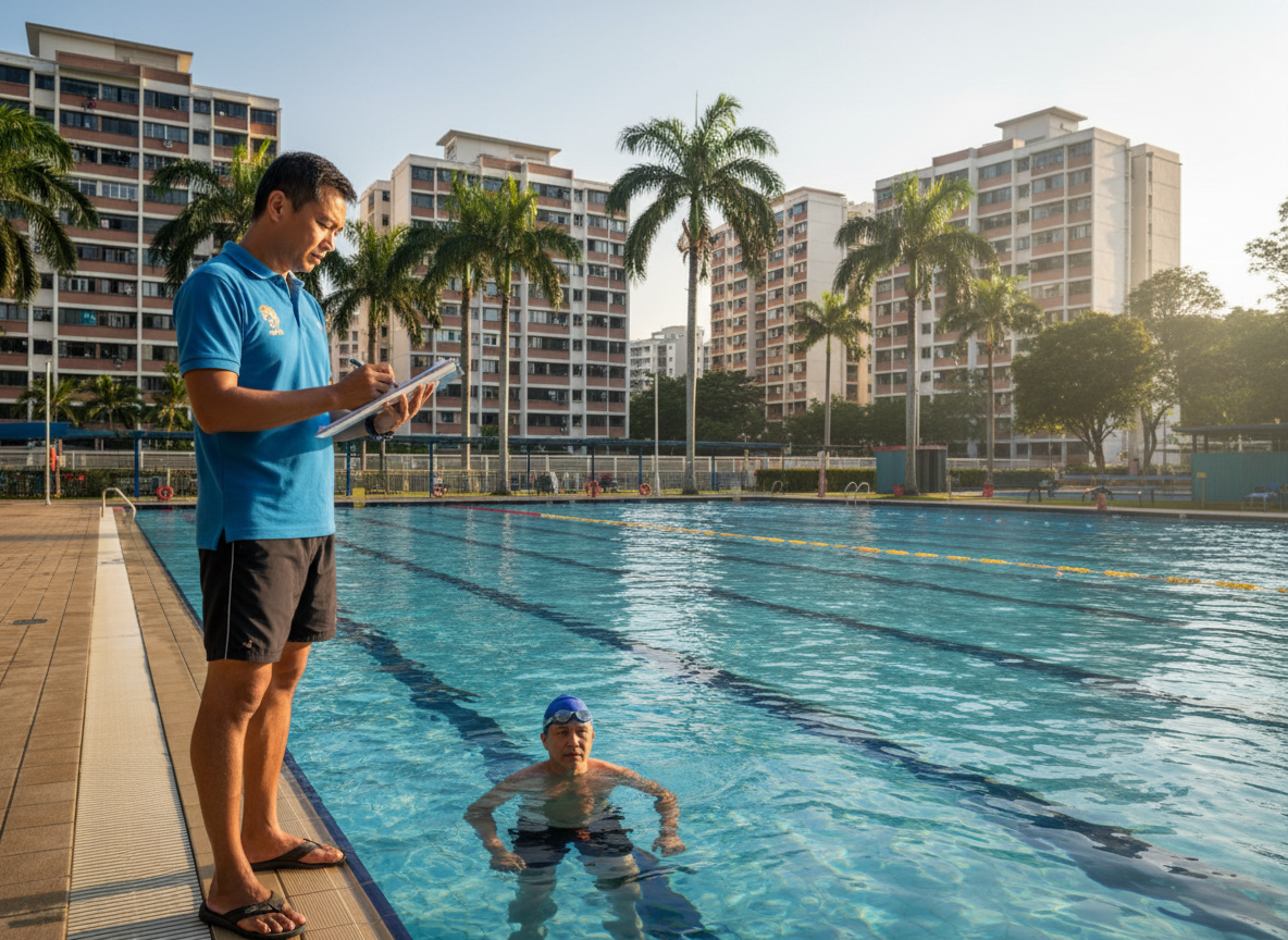 Singapore public holidays 2027 – swimming coach planning a lesson schedule at the poolside with an adult learner
